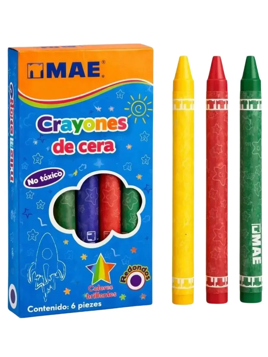 Crayones MAE delgados redondos mayoreo caja con 6 colores.