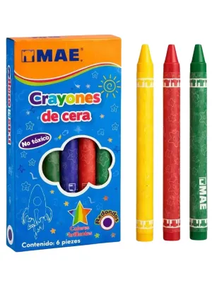 Crayones MAE delgados redondos mayoreo caja con 6 colores.