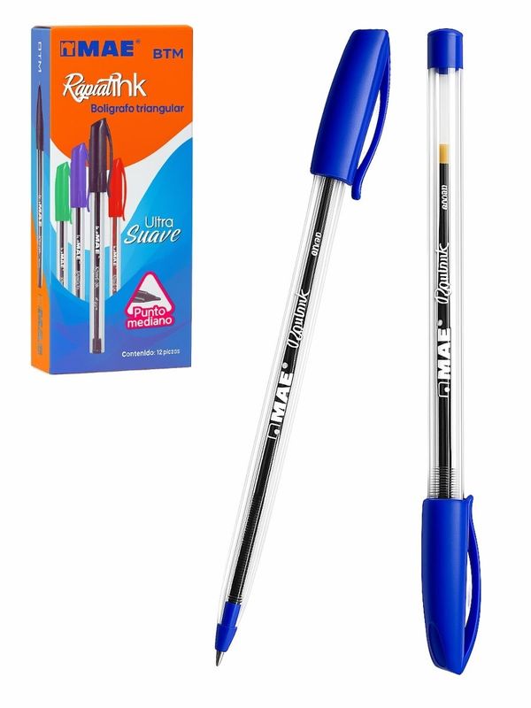 Caja de 12 bolígrafos clásicos MAE color azul punto mediano.