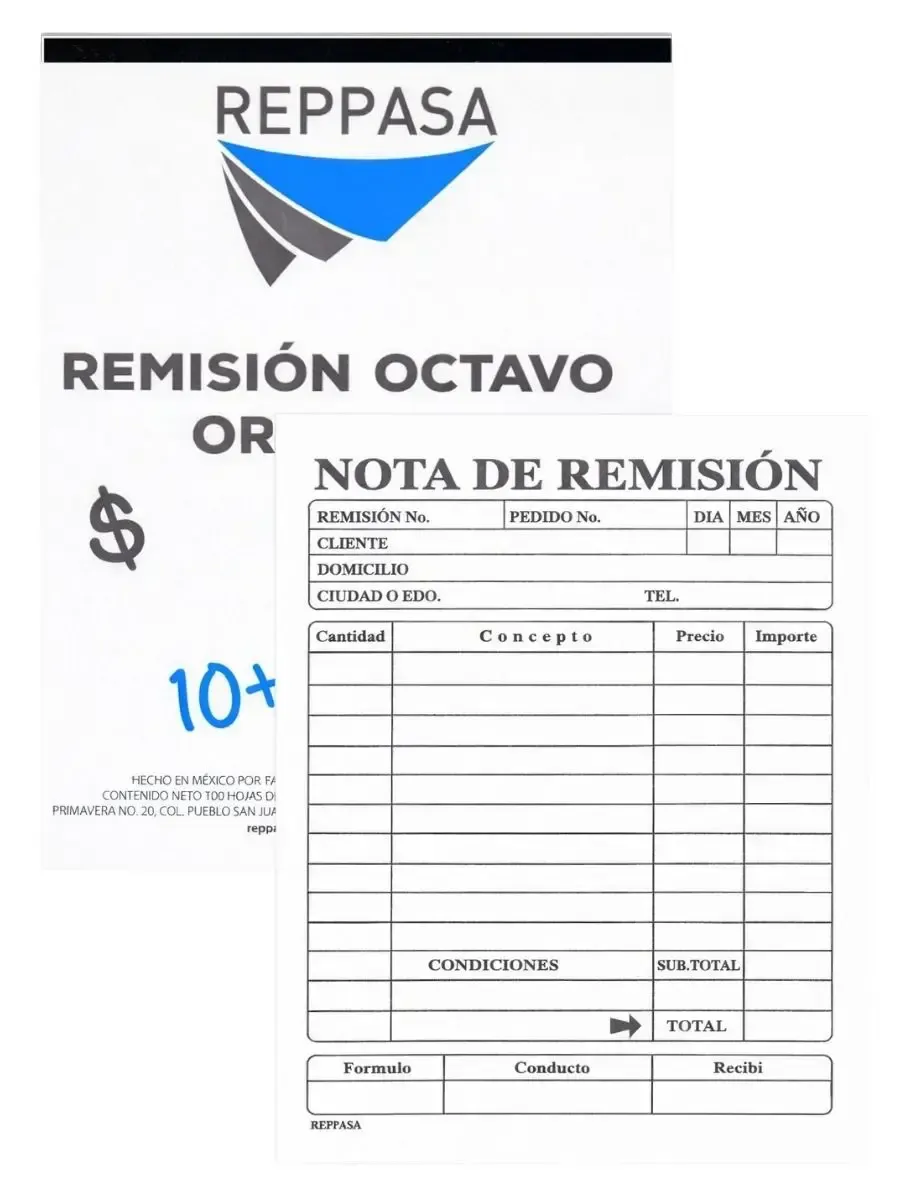 Block de notas de remisión 1/8 con copia para negocios