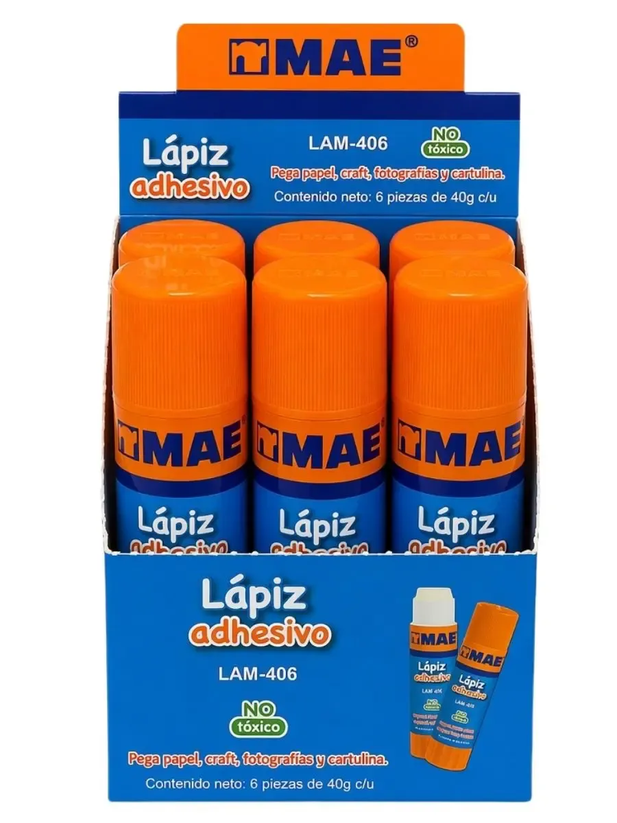 Pegamento en barra MAE jumbo 40g mayoreo caja con 6 piezas.