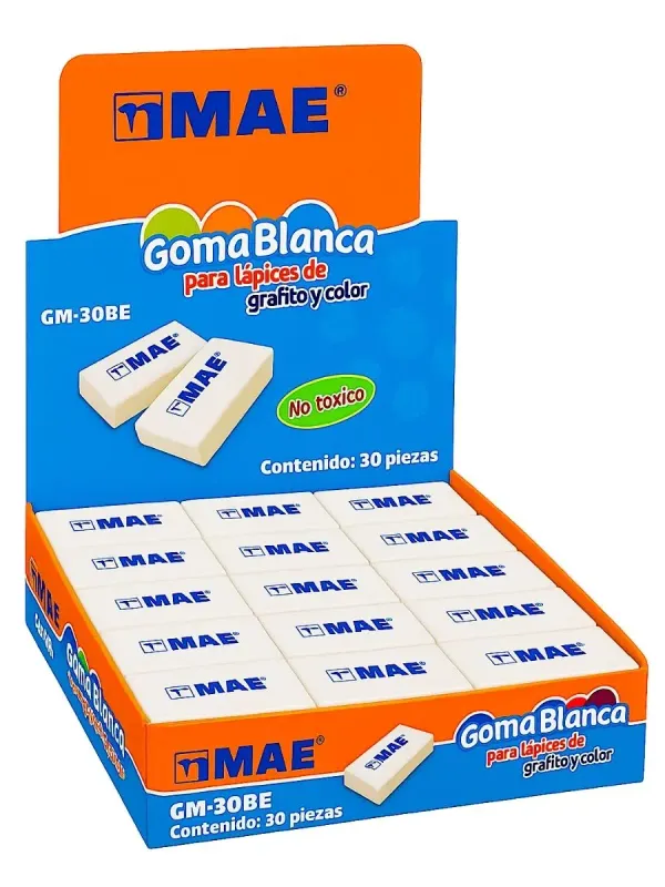 Caja de 30 gomas blancas MAE GM-30BE para surtido de mayoreo nacional.