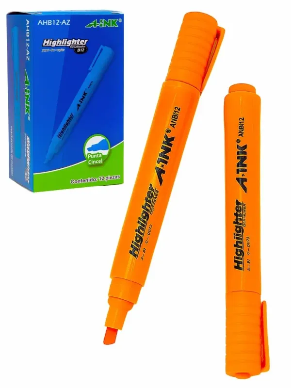 Paquete de 12 resaltadores naranjas marca Aink al mayoreo.
