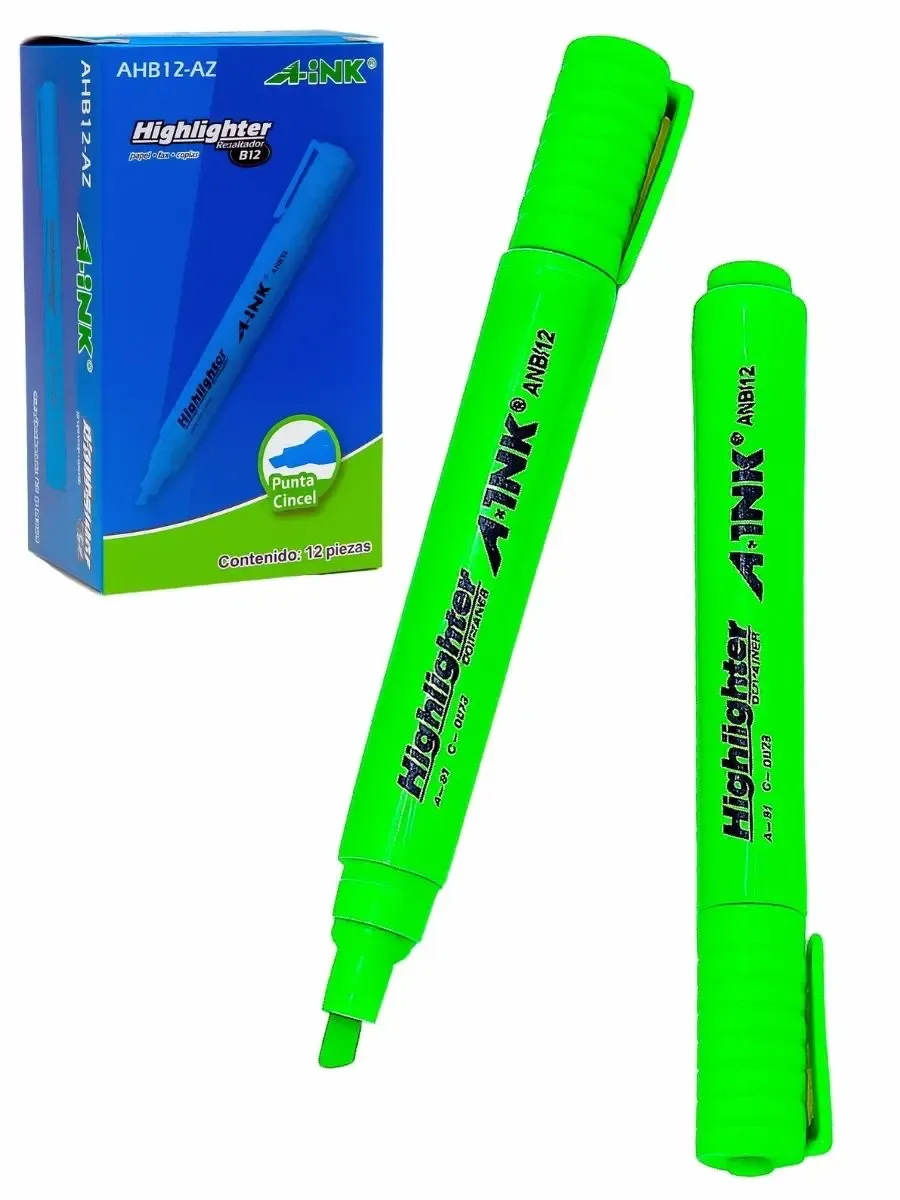 Paquete de 12 resaltadores gruesos color verde marca Aink al mayoreo.