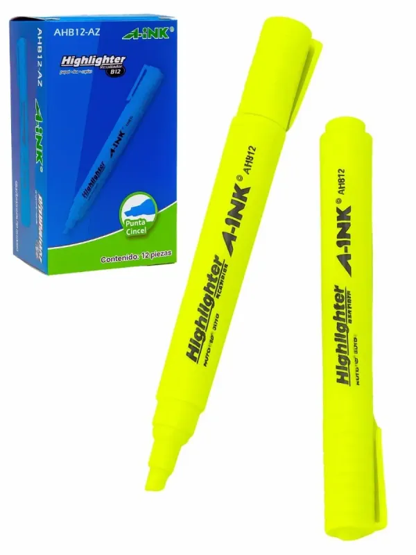 Paquete de 12 resaltadores amarillos marca A-ink al mayoreo.