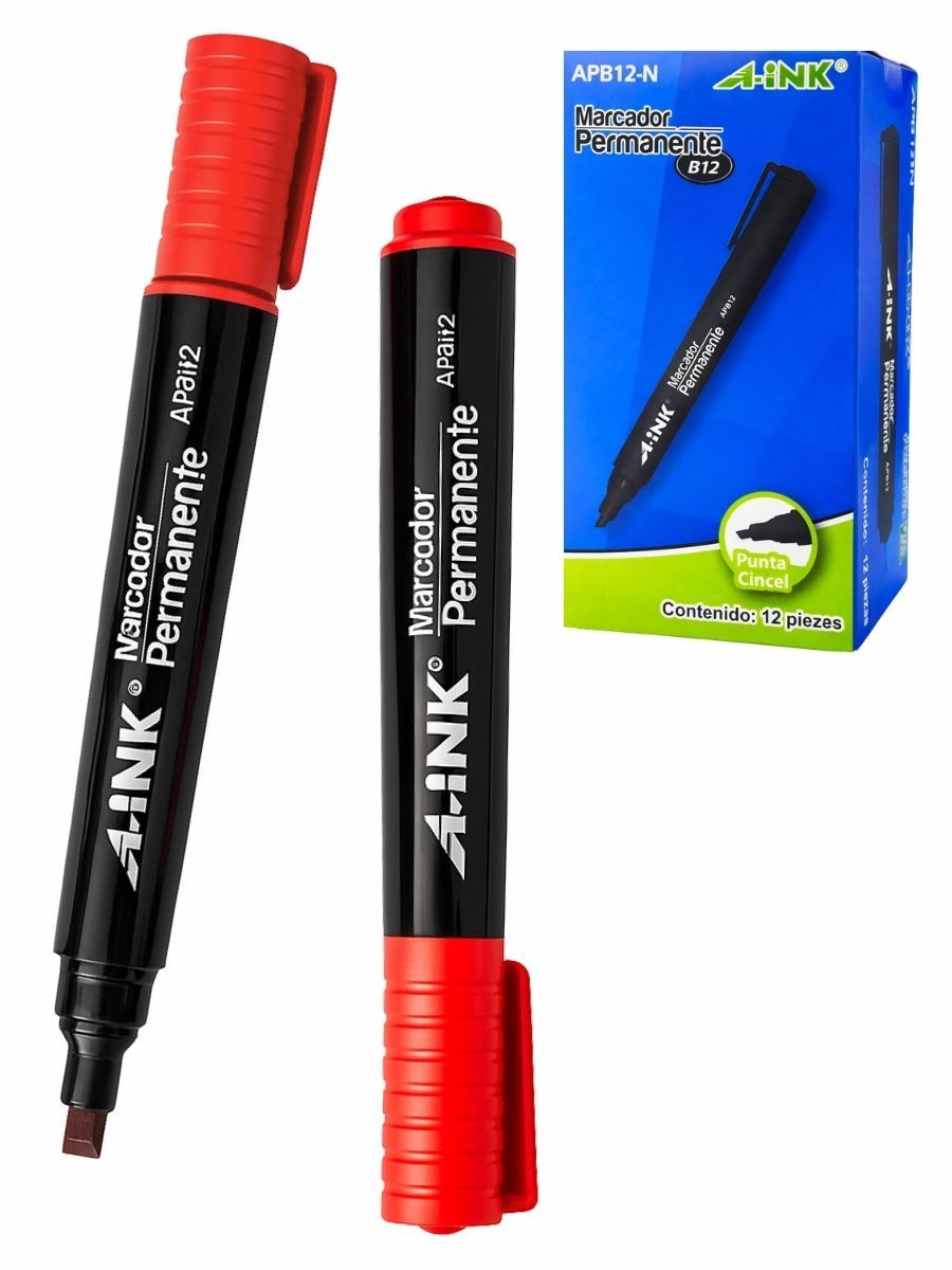 Permanente C/12 piezas – Punta Cincel(gruesa) Rojo Caja de 12 marcadores permanentes MAE Aink APB12 rojos.