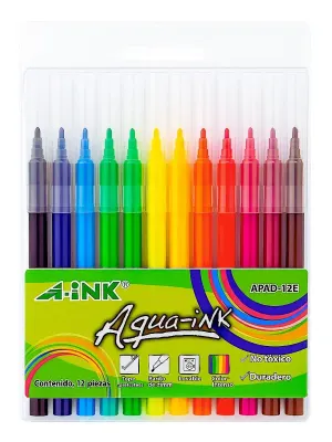 Paquete de 12 plumones escolares de colores marca A-ink al mayoreo