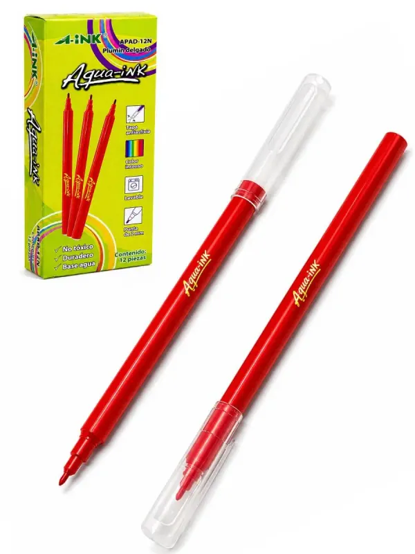 Plumón Delgado Aink Rojo PAD-12R – Caja 12 pzas Plumón delgado Aink rojo punta 2mm para surtido escolar.