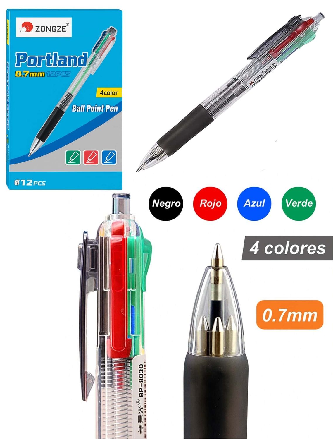 Bolígrafo de 4 colores punta 0.7 mm c/12 pzas – Mayoreo
