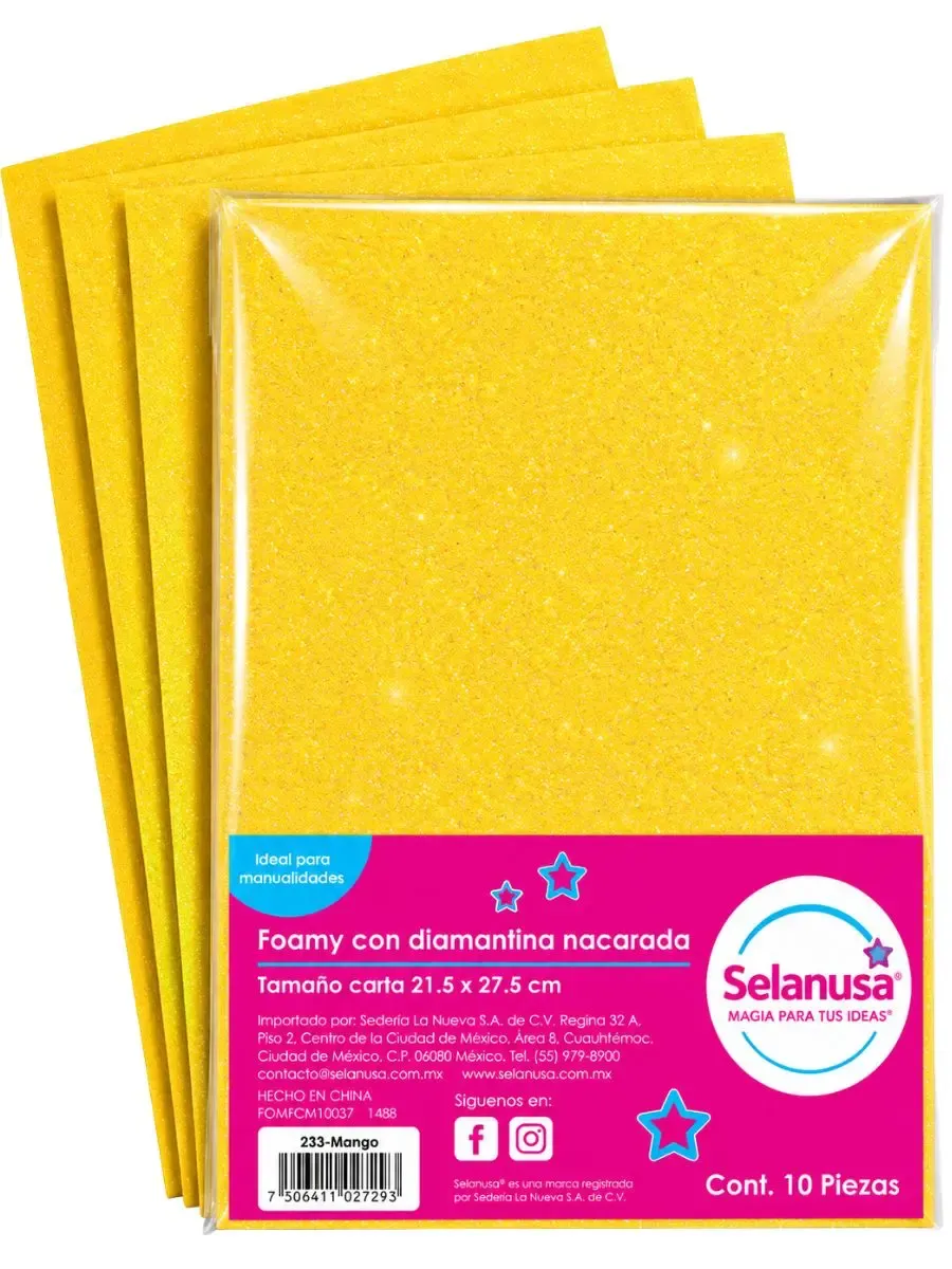 Paquete con 10 hojas de foamy carta diamantado amarillo mango Selanusa al por mayor