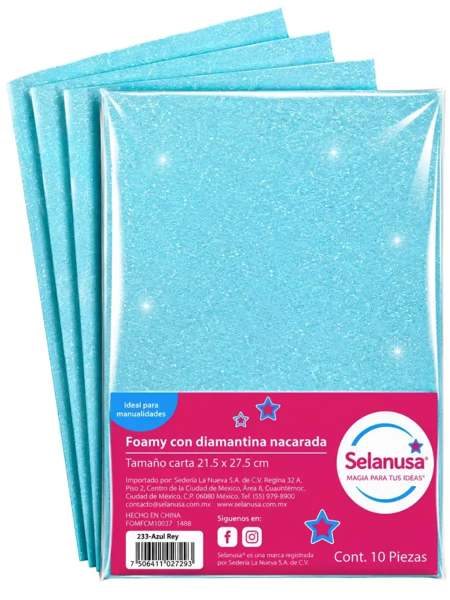 Foamy diamantado azul #007 Selanusa paq 10 – Mayoreo Paquete con 10 hojas de foamy diamantado azul en mostrador