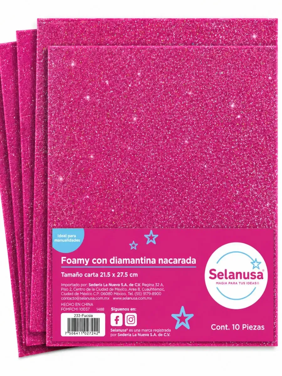 Paquete con 10 hojas de foamy con diamantina tamaño carta fucsia Iris mayoreo