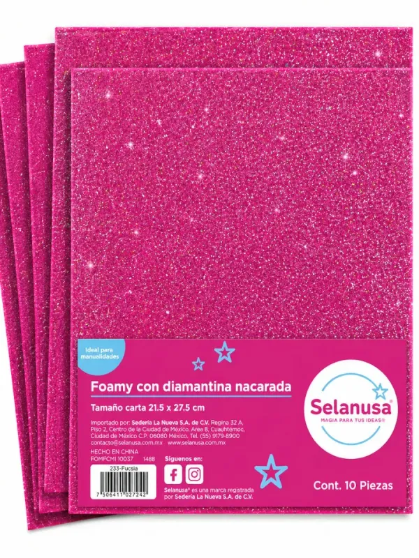Foamy diamantado carta fucsia #233 c/10 pzas – Mayoreo Paquete con 10 hojas de foamy con diamantina tamaño carta fucsia Iris mayoreo