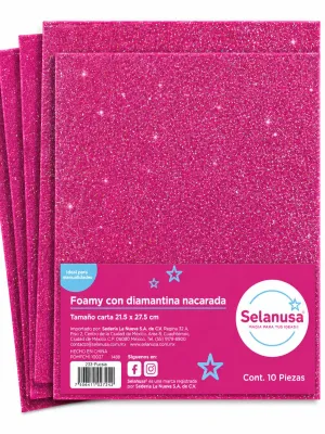 Paquete con 10 hojas de foamy con diamantina tamaño carta fucsia Iris mayoreo