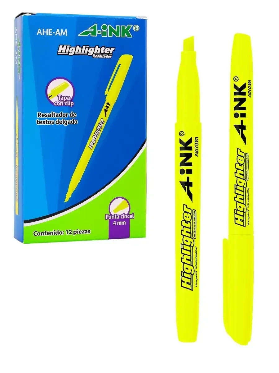 Paquete de 12 resaltadores amarillos delgados Aink al mayoreo.