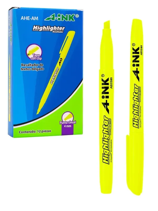 Paquete de 12 resaltadores amarillos delgados Aink al mayoreo.