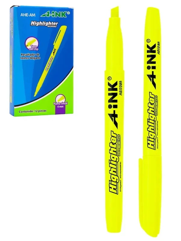 Resaltador Aink Punta delgado Cincel -Amarillo (12 pzas) Distribuidor de resaltadores MAE delgados amarillos para negocios en México.