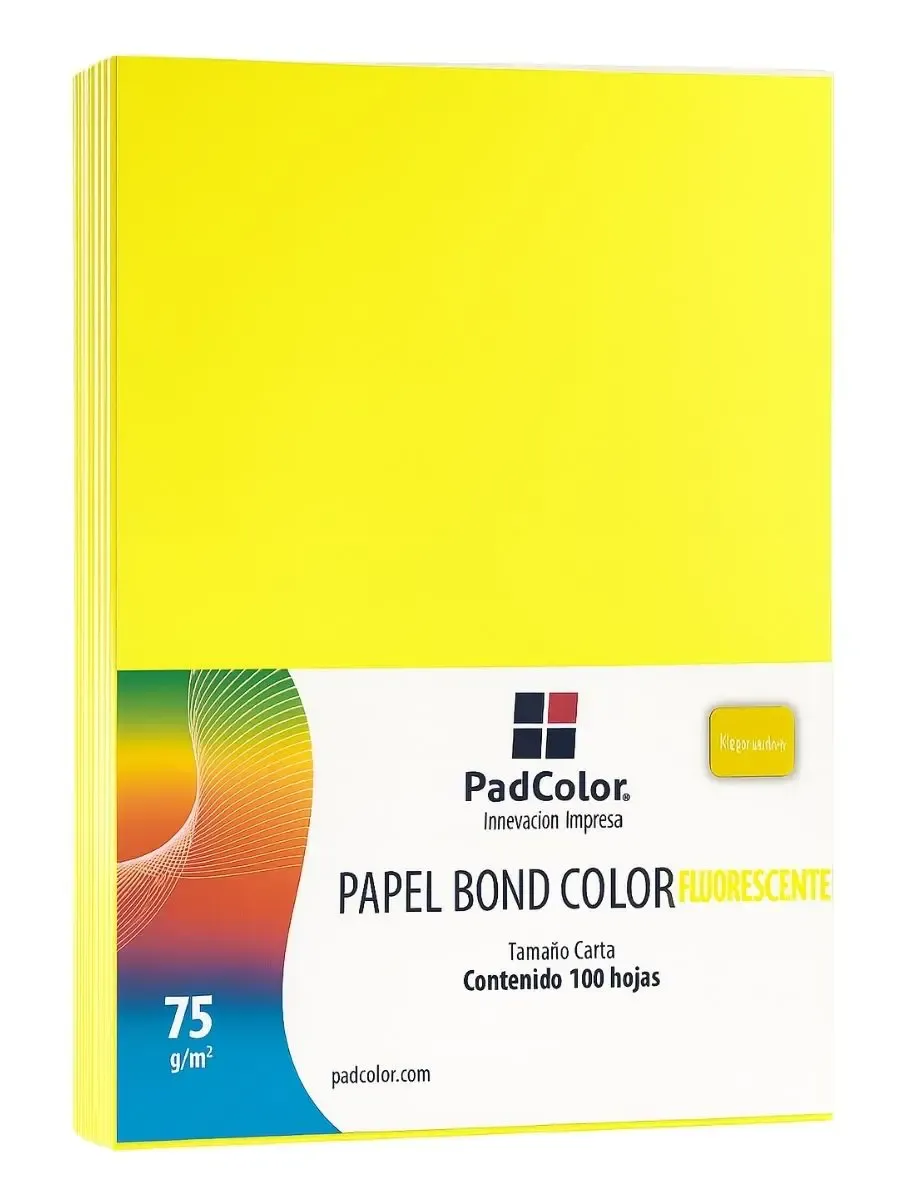 Hojas de Papel Amarillo Fluorescente Padcolor 75g (100 pzs) Paquete de 100 hojas amarillo neón fluorescente carta Padcolor.