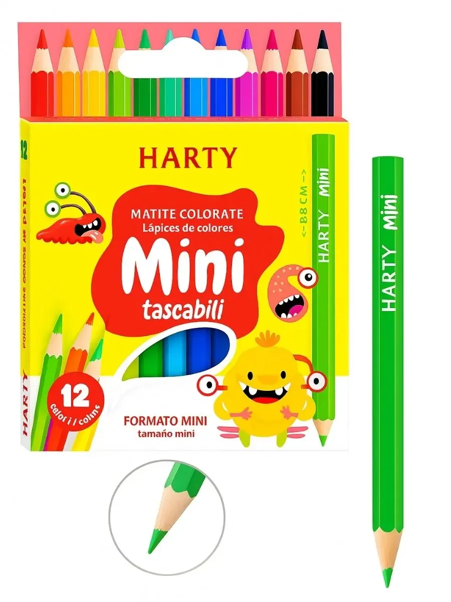 Caja de 12 lápices de colores cortos marca Harty en Distribuidora Mérida.