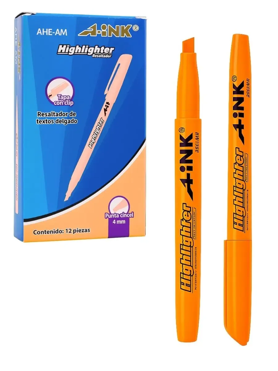 Paquete de 12 resaltadores naranjas delgados marca Aink al mayoreo.