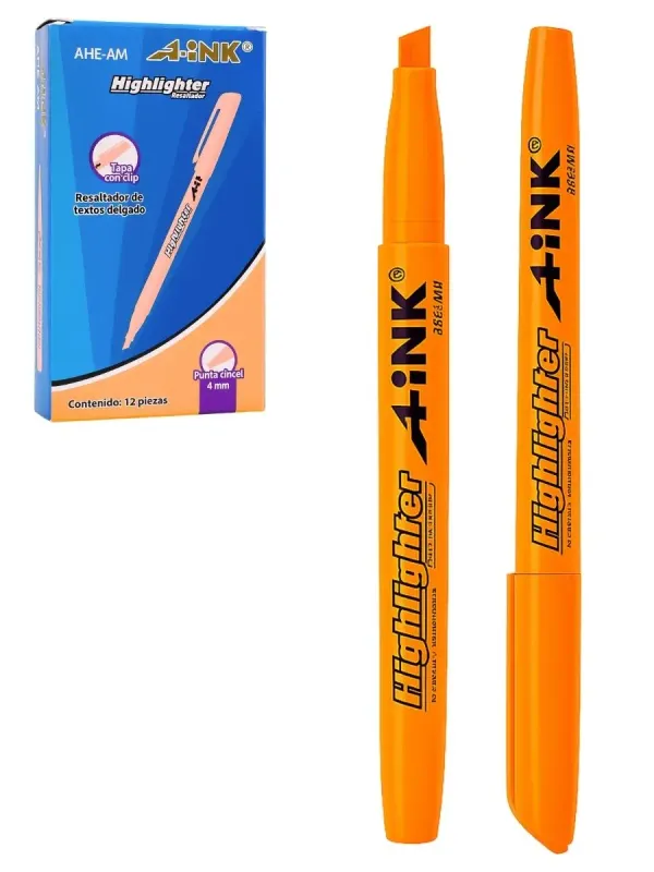 Resaltador Aink Delgado Naranja AHE-NA - 12 Pzas Distribuidor de resaltadores MAE delgados naranja para negocios en México.