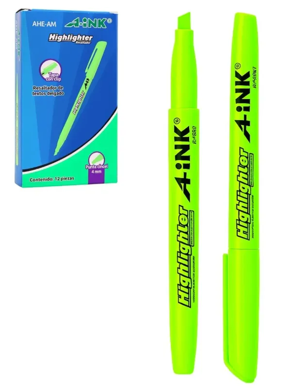 Resaltador Aink Delgado Punta Cincel - Verde (12 pzas) Distribuidor de resaltadores MAE delgados verdes para negocios en México.
