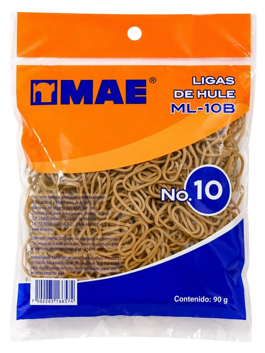 Surtido mayorista de ligas MAE No. 10 para negocios en México.