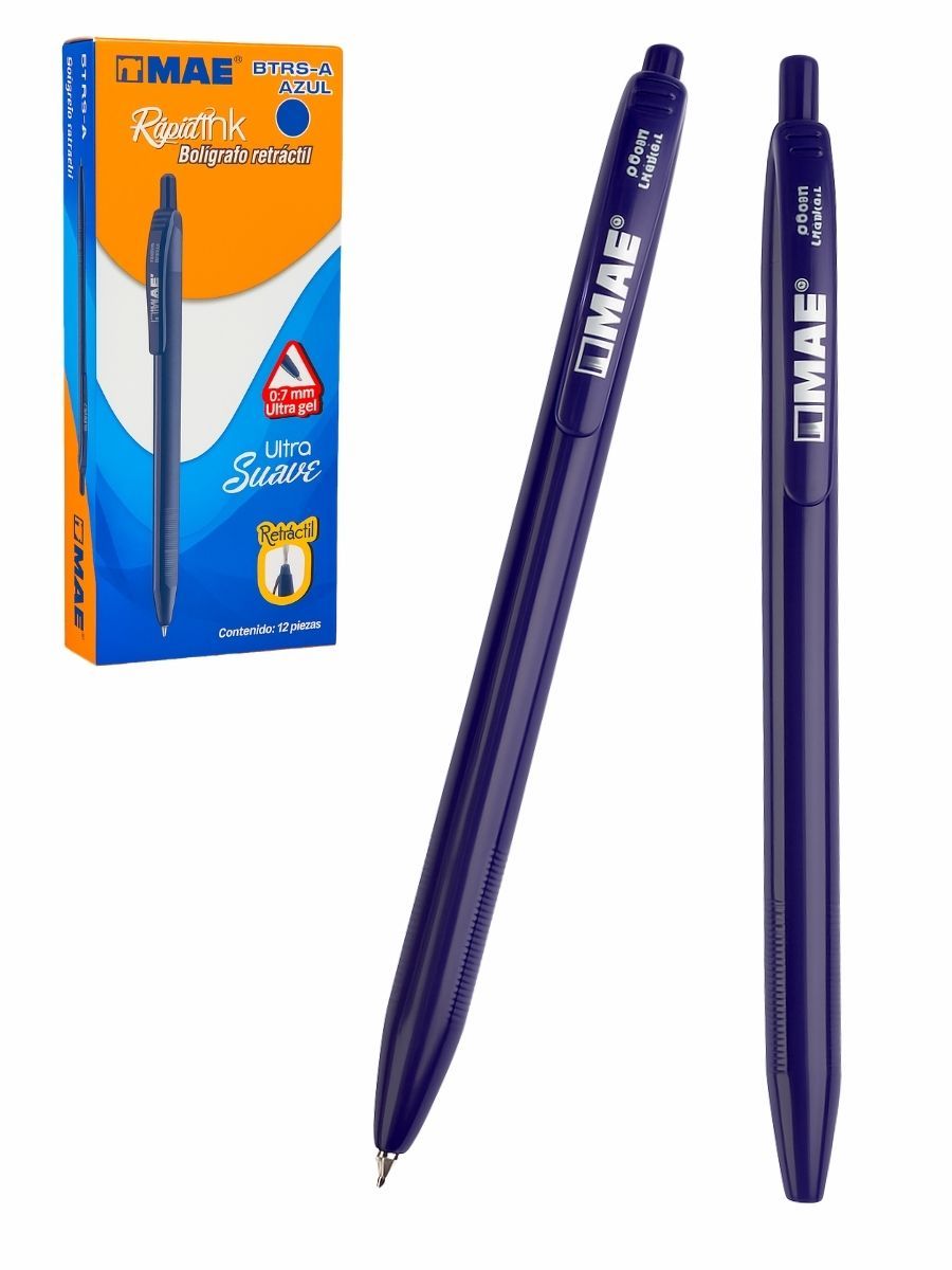 Caja de 12 bolígrafos retráctiles MAE color azul punto fino.