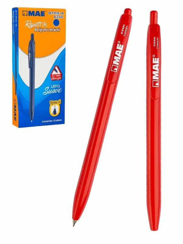 Bolígrafo Retráctil MAE Punto Fino 0.7mm – 12 pzas (Rojo)