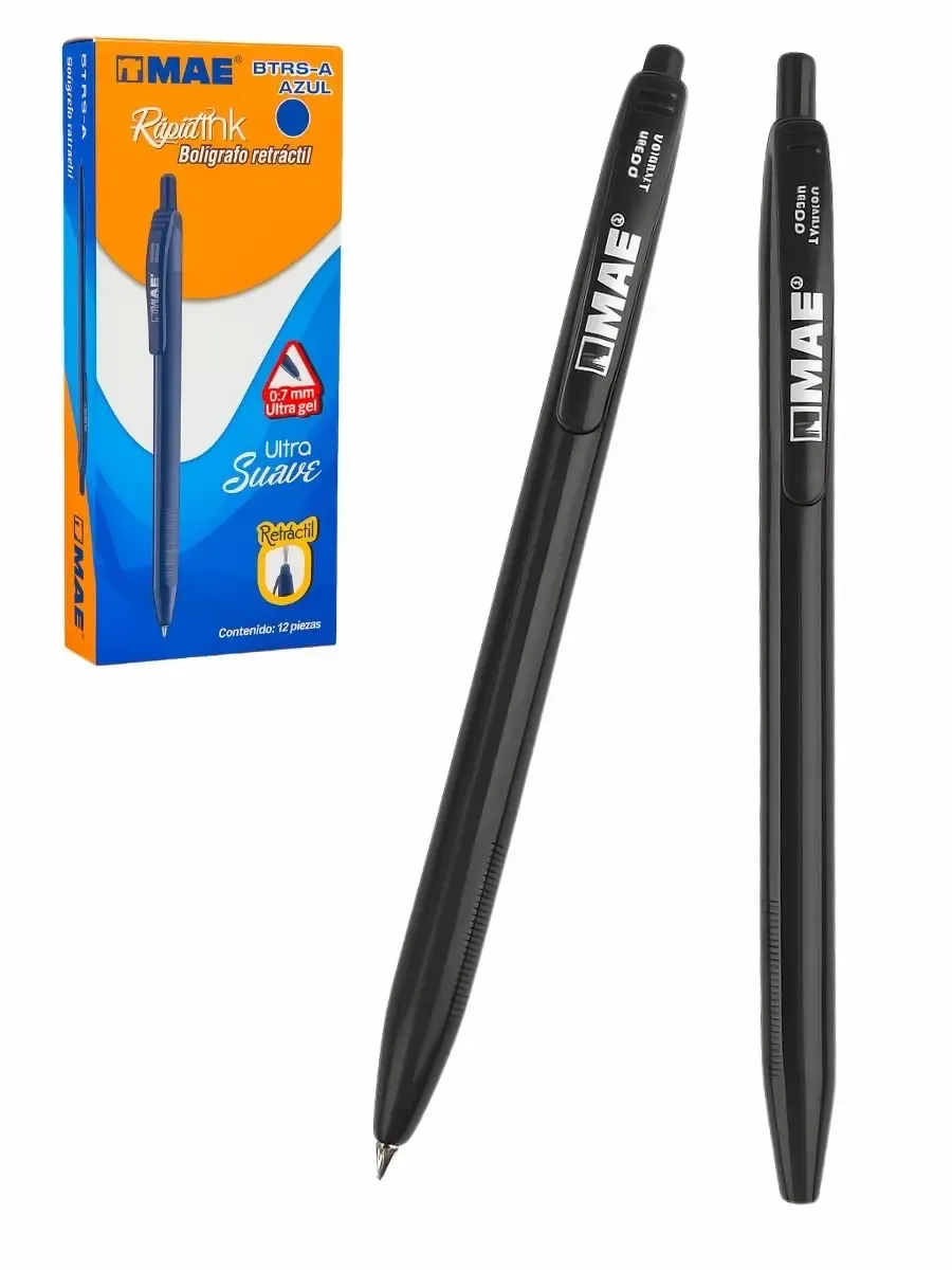 Caja de 12 bolígrafos retráctiles MAE color negro punto fino