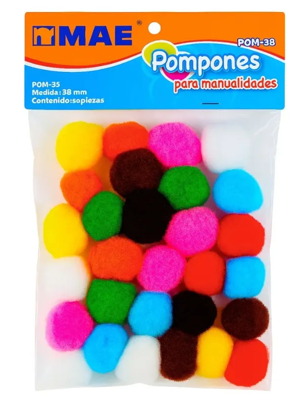 Pompones MAE 38mm Surtidos c/50 Bolsa de pompones MAE 38mm con 50 piezas jumbo surtidas.