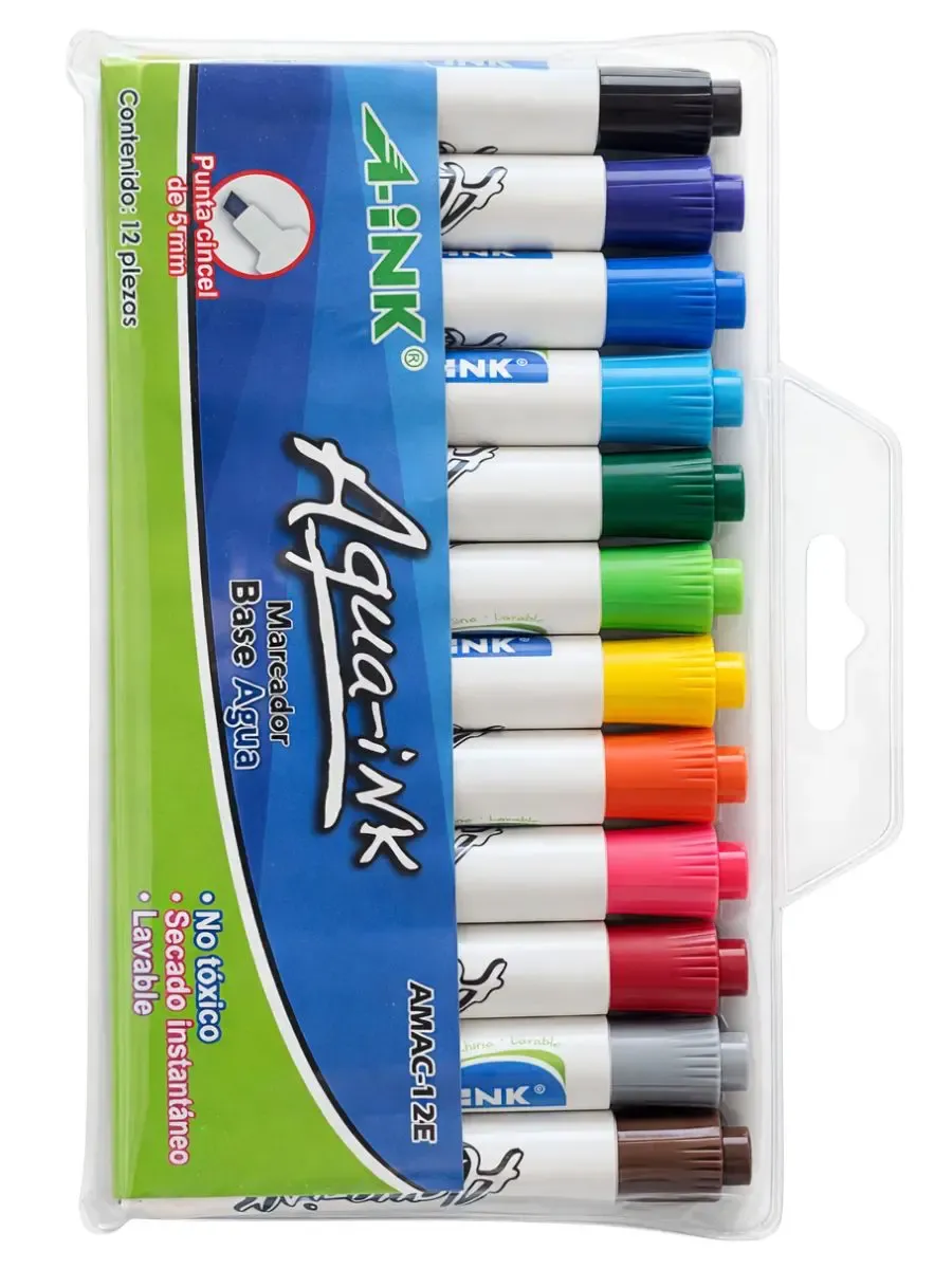 Caja de 12 marcadores base agua MAE Aink colores surtidos.
