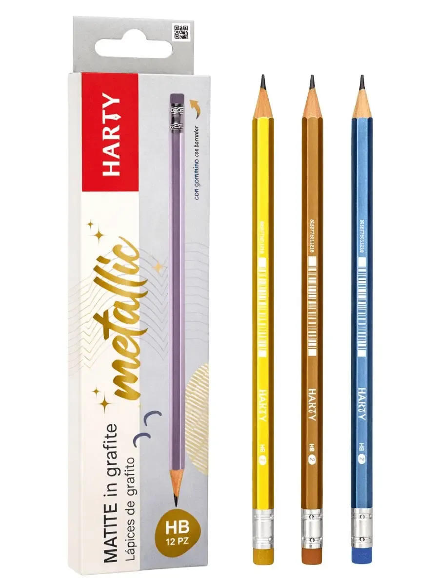 Lápices de Grafito Acabado Metálico HB #2 (12 pzas) Detalle del brillo metálico y la mina HB #2 del lápiz Harty.