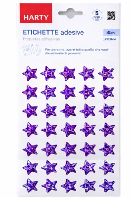 Paquete de stickers con 5 planillas de estrellas moradas al mayoreo en México.