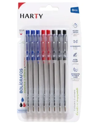 Bolígrafos Retráctiles (Paq c/8 Pzas) - Mayoreo Paquete de 8 bolígrafos retráctiles Harty surtidos