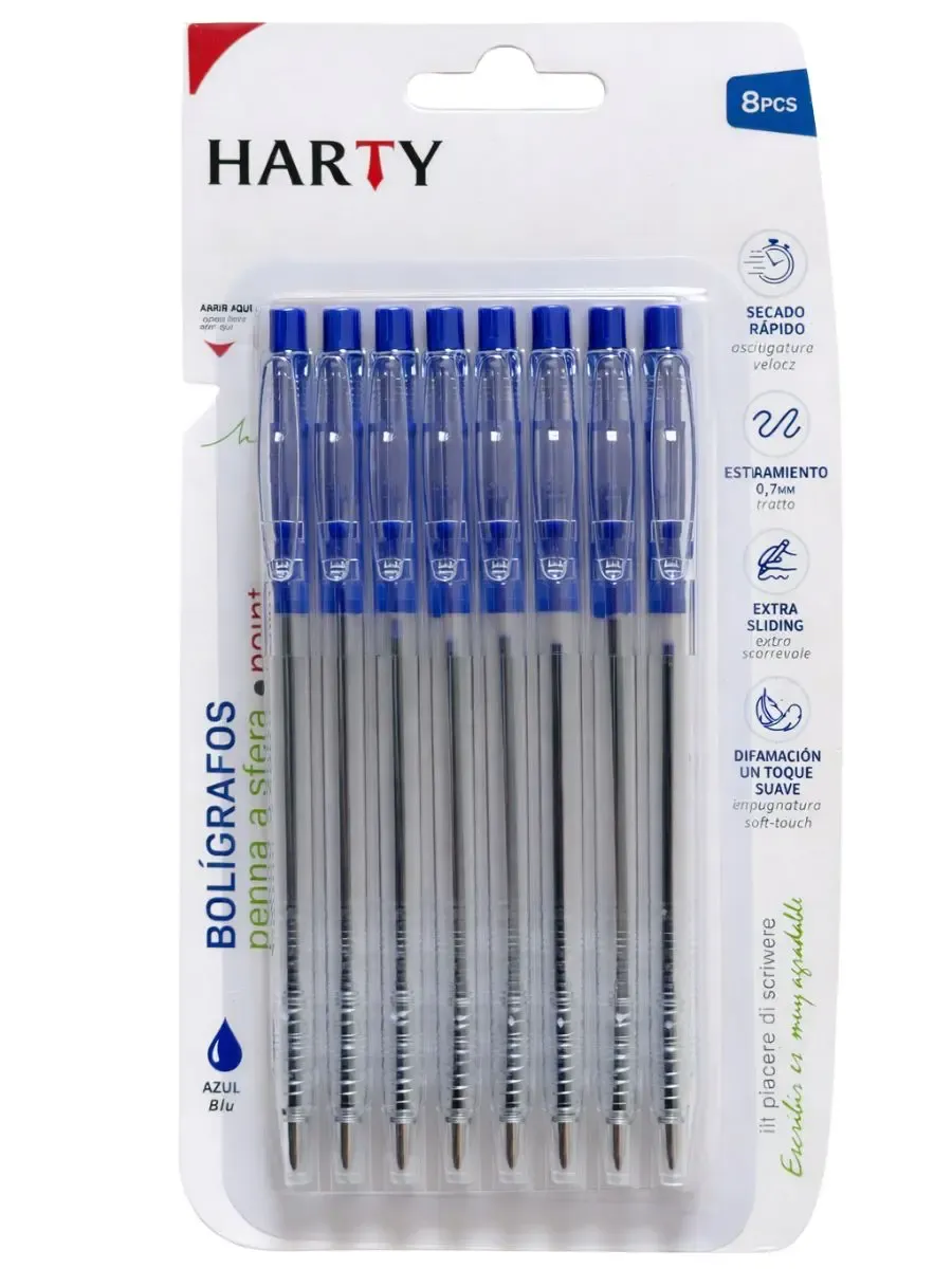 Bolígrafos Retráctiles Harty Azul (Paq c/8 Pzas) - Mayoreo Paquete de 8 bolígrafos retráctiles Harty tinta azul