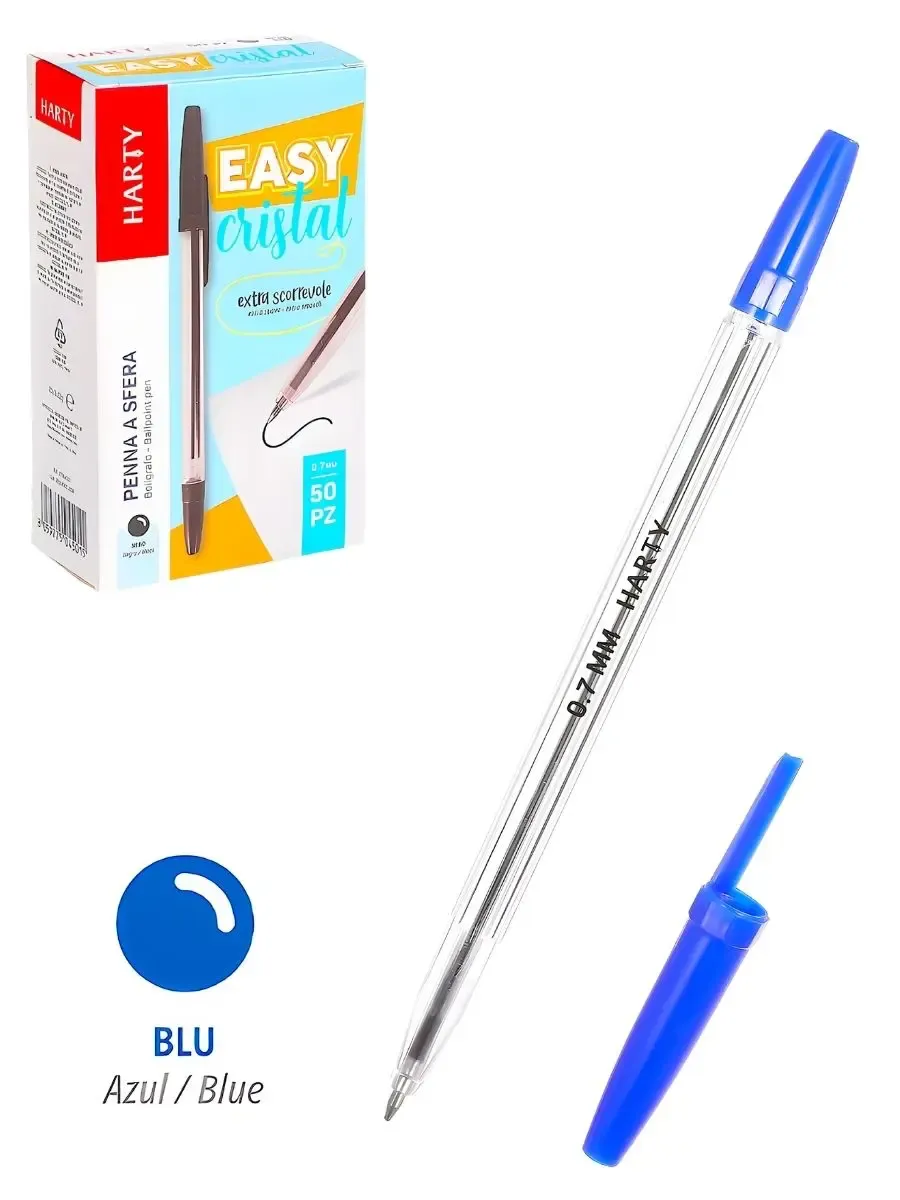 Caja de 50 bolígrafos azules marca Harty en Distribuidora Mérida.