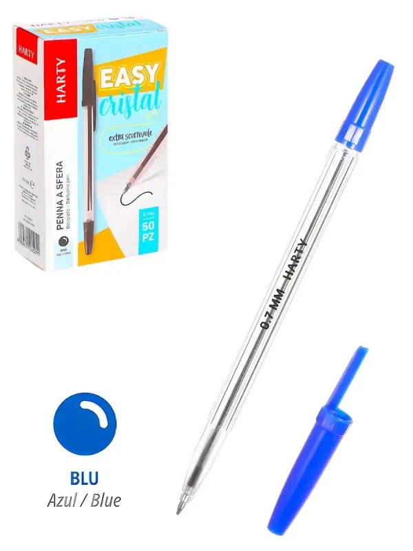 Caja de 50 bolígrafos azules marca Harty en Distribuidora Mérida.
