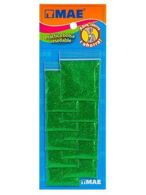 Diamantina MAE Verde Bandera - Mayoreo Blíster de 10 bolsas de diamantina verde bandera MAE para mayoreo nacional.