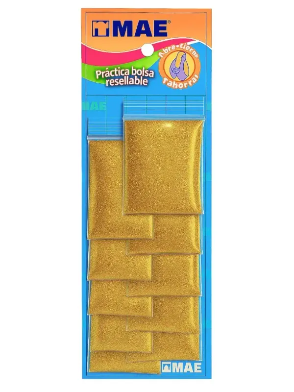 Diamantina Oro 5g – 10 Sobres Resellables mayoreo Blíster de mayoreo con 10 bolsas de diamantina dorada MAE.