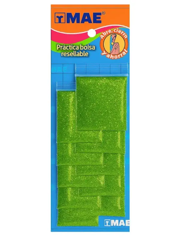 Diamantina MAE Verde Limón - Mayoreo Blíster de 10 bolsas de diamantina verde limón MAE para mayoreo nacional.