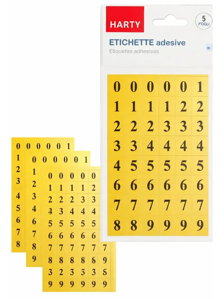 Etiquetas Adhesivas Numéricas (5 Hojas) - Mayoreo Paquete de 5 hojas de etiquetas adhesivas numéricas amarillas Harty al mayoreo