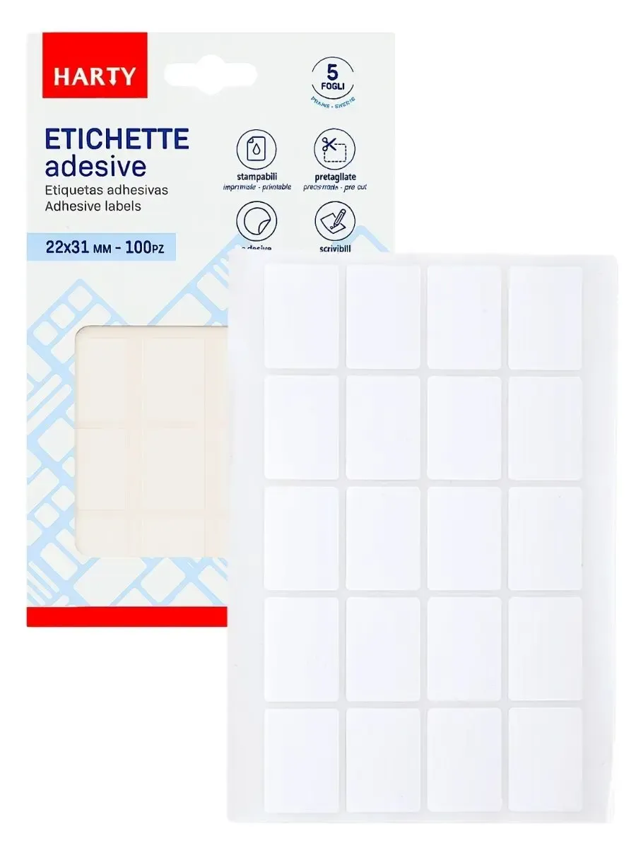 Etiquetas adhesivas blancas Harty para identificación de productos.