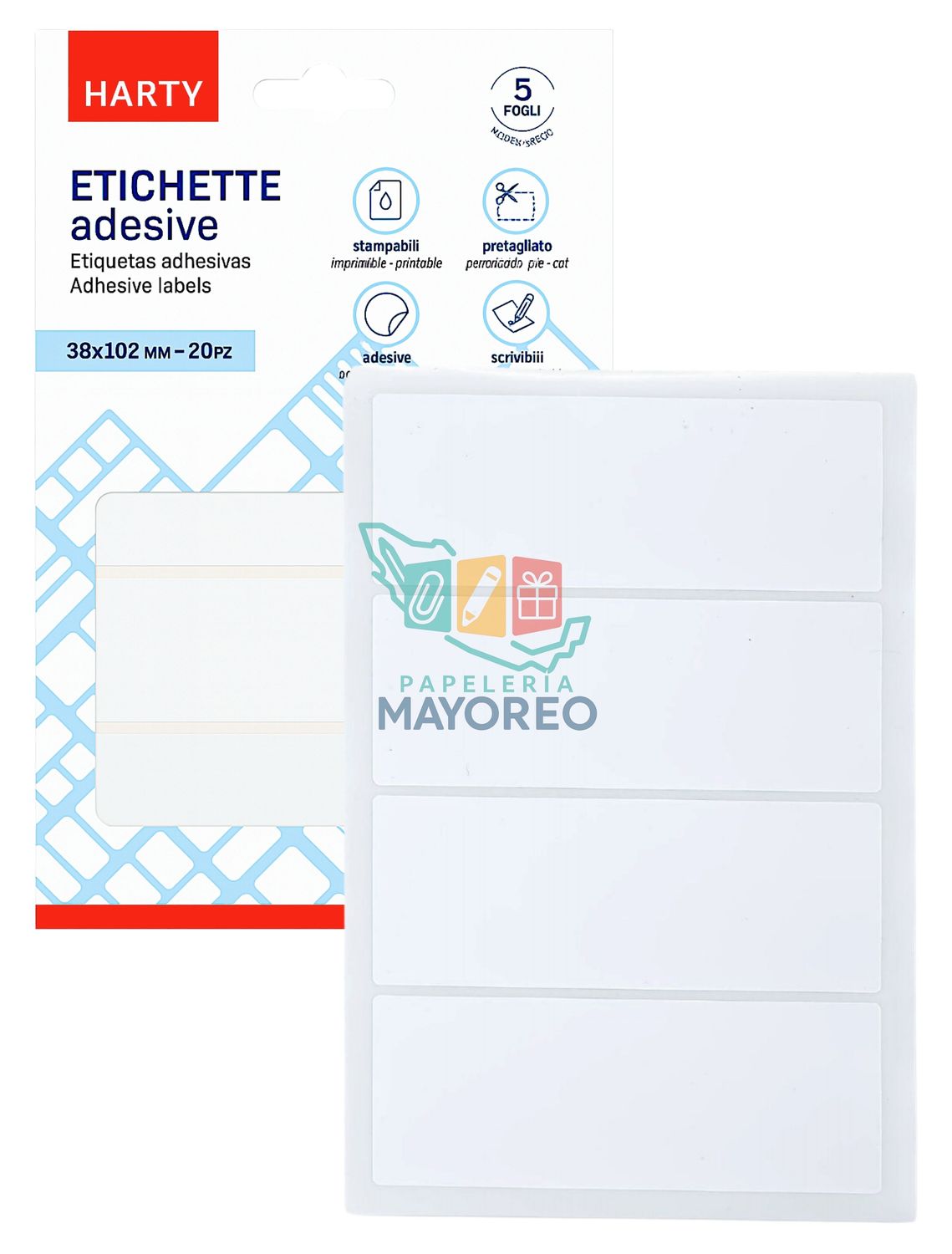 Etiquetas Adhesivas 38x102 mm – Paq c/5 Hojas (20 etiquetas) – Mayoreo