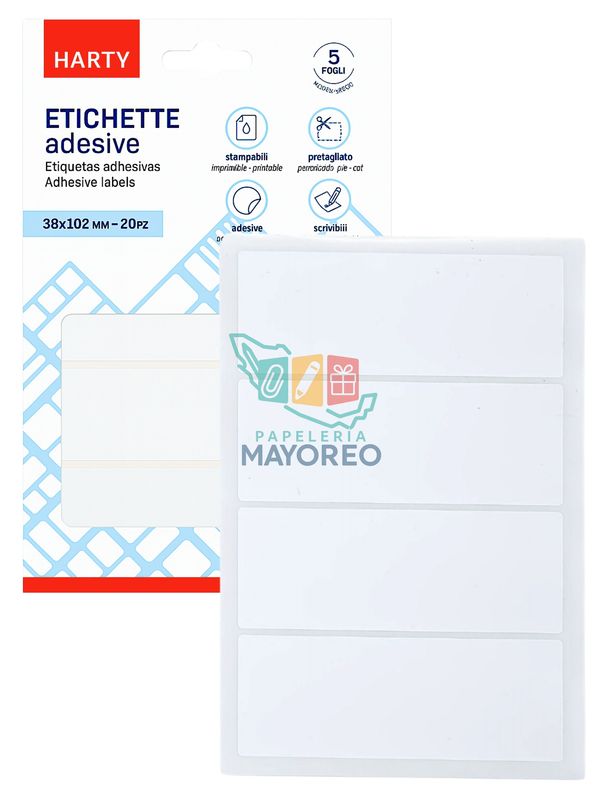 Etiquetas Adhesivas 38x102 mm – Paq c/5 Hojas (20 etiquetas) – Mayoreo Etiquetas Adhesivas 38x102 mm – Paq c/5 Hojas (20 etiquetas) – Mayoreo