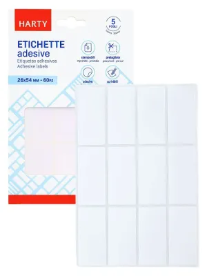 Etiqueta Adhesiva Harty 26x54 mm – Paq 60 pzas (5 planillas) Etiquetas adhesivas blancas Harty 26x54mm para rotulación.