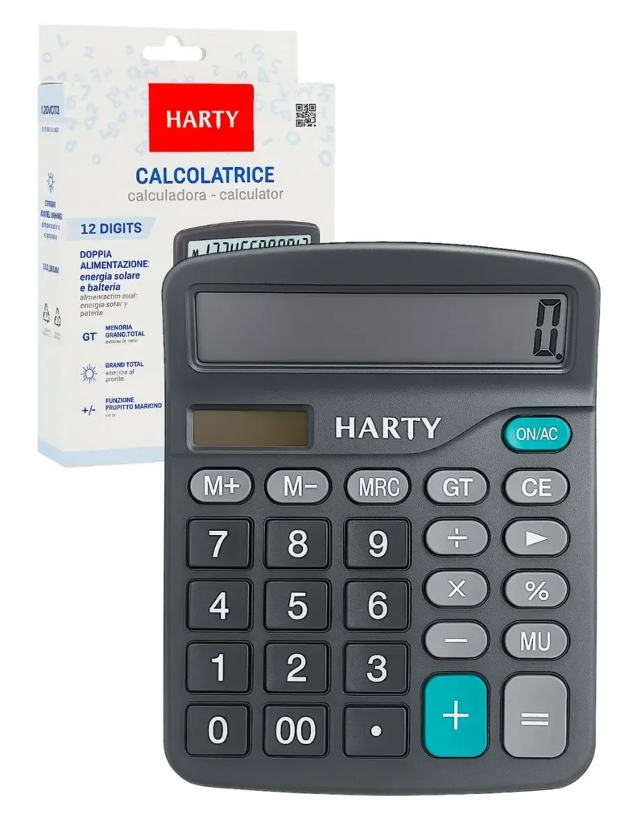 Calculadora Harty de 12 dígitos con carga solar y batería al mayoreo en Papelerías Mérida