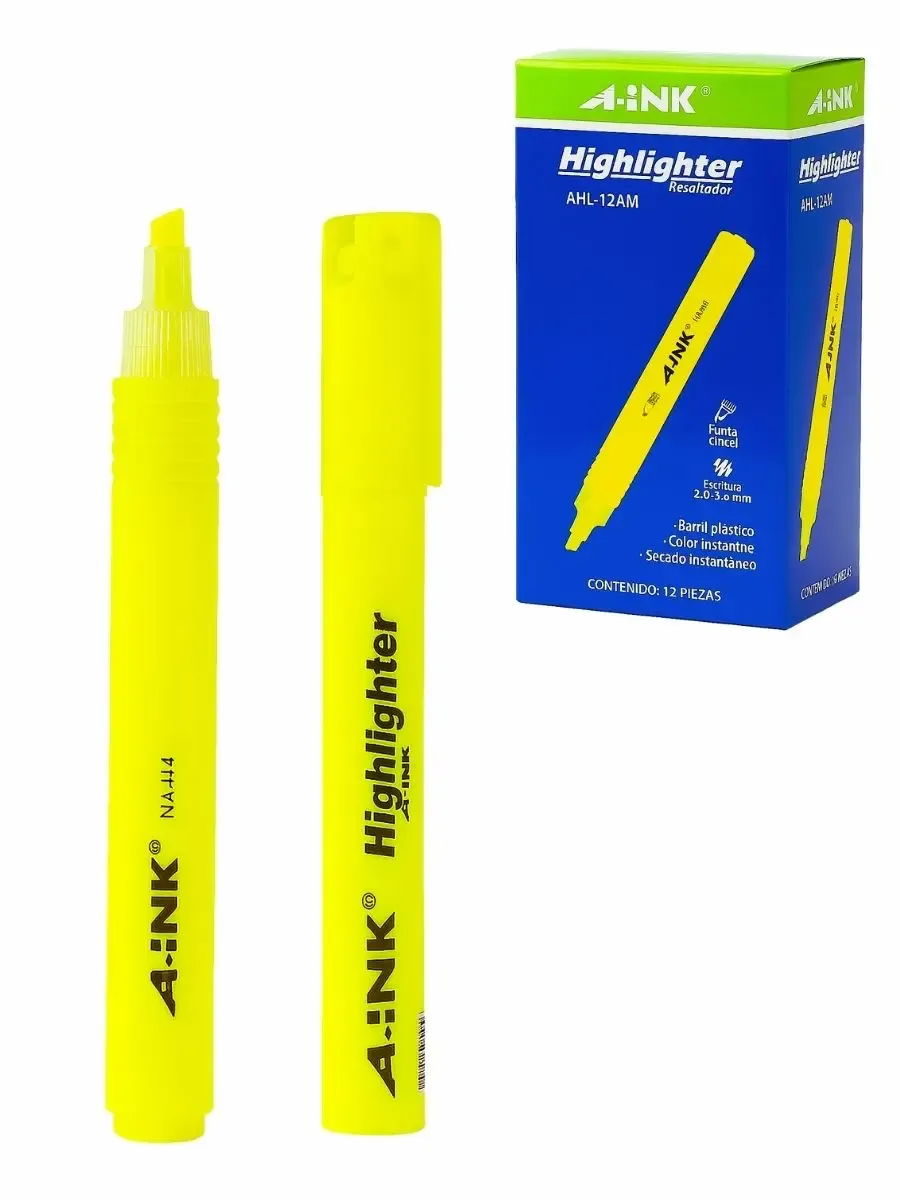 Caja de 12 resaltadores amarillos A-ink cuerpo grueso al mayoreo.