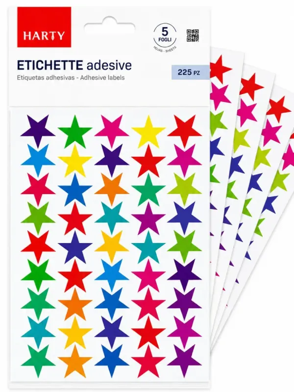 Etiquetas Estrellas de Colores 225 pzas (Paq. 5 Hojas) – Mayoreo Paquete de 5 hojas de etiquetas adhesivas de estrellas de colores individual