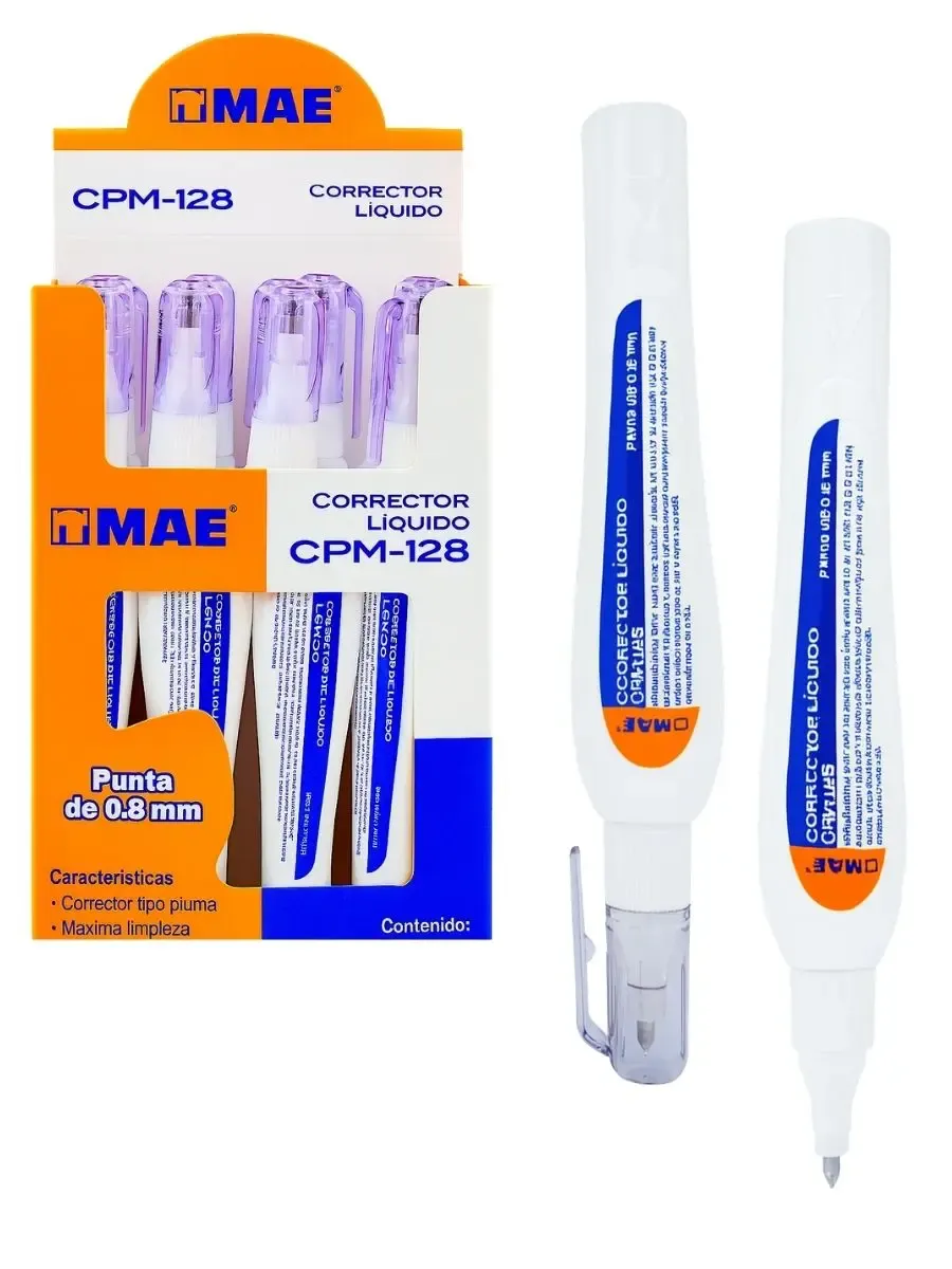 Caja de 12 correctores tipo pluma MAE de 8ml cada uno.
